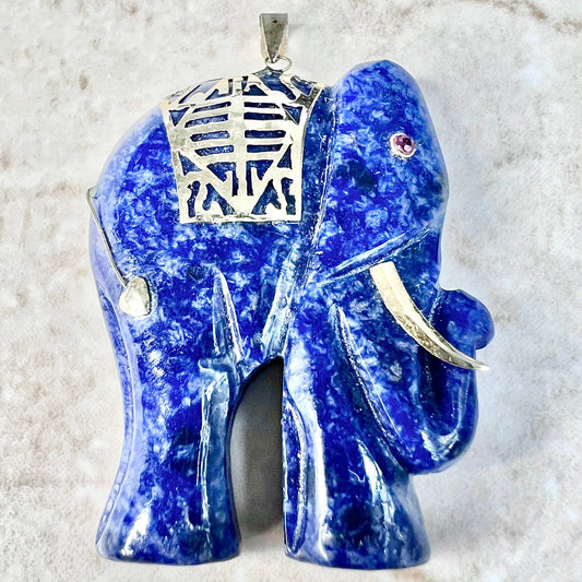 Vintage 14 Karat Yellow Gold Carved Lapis Lazuli & Ruby Elephant Pendant - WeilJewelry
