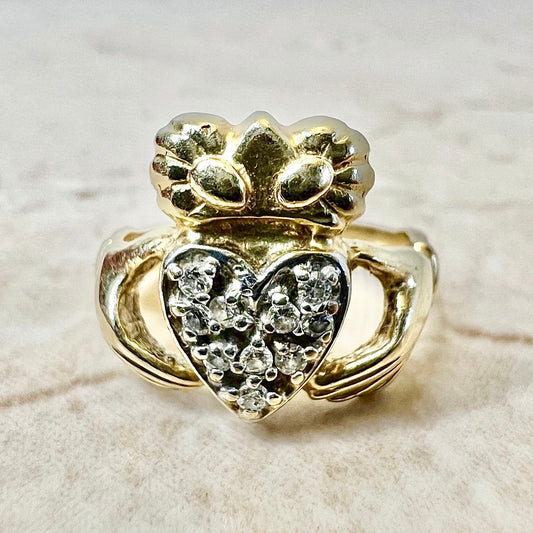 Vintage 14 Karat Yellow Gold Diamond Claddagh Ring - WeilJewelry