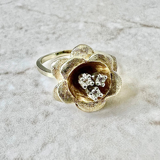 Vintage 14 Karat Yellow Gold Diamond Flower Cocktail Ring - WeilJewelry