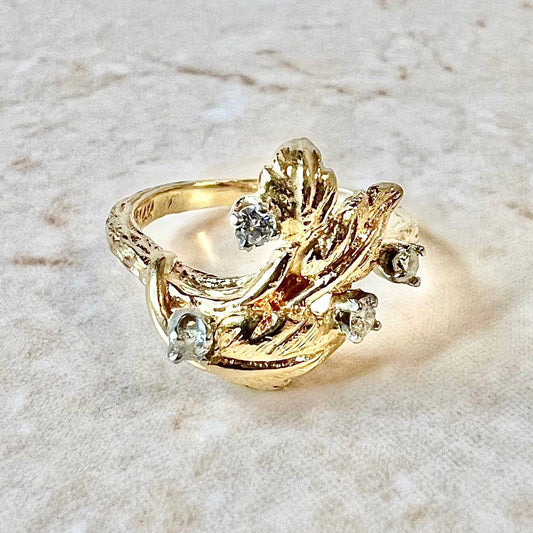 Vintage 14 Karat Yellow Gold Diamond Leaf Ring - WeilJewelry