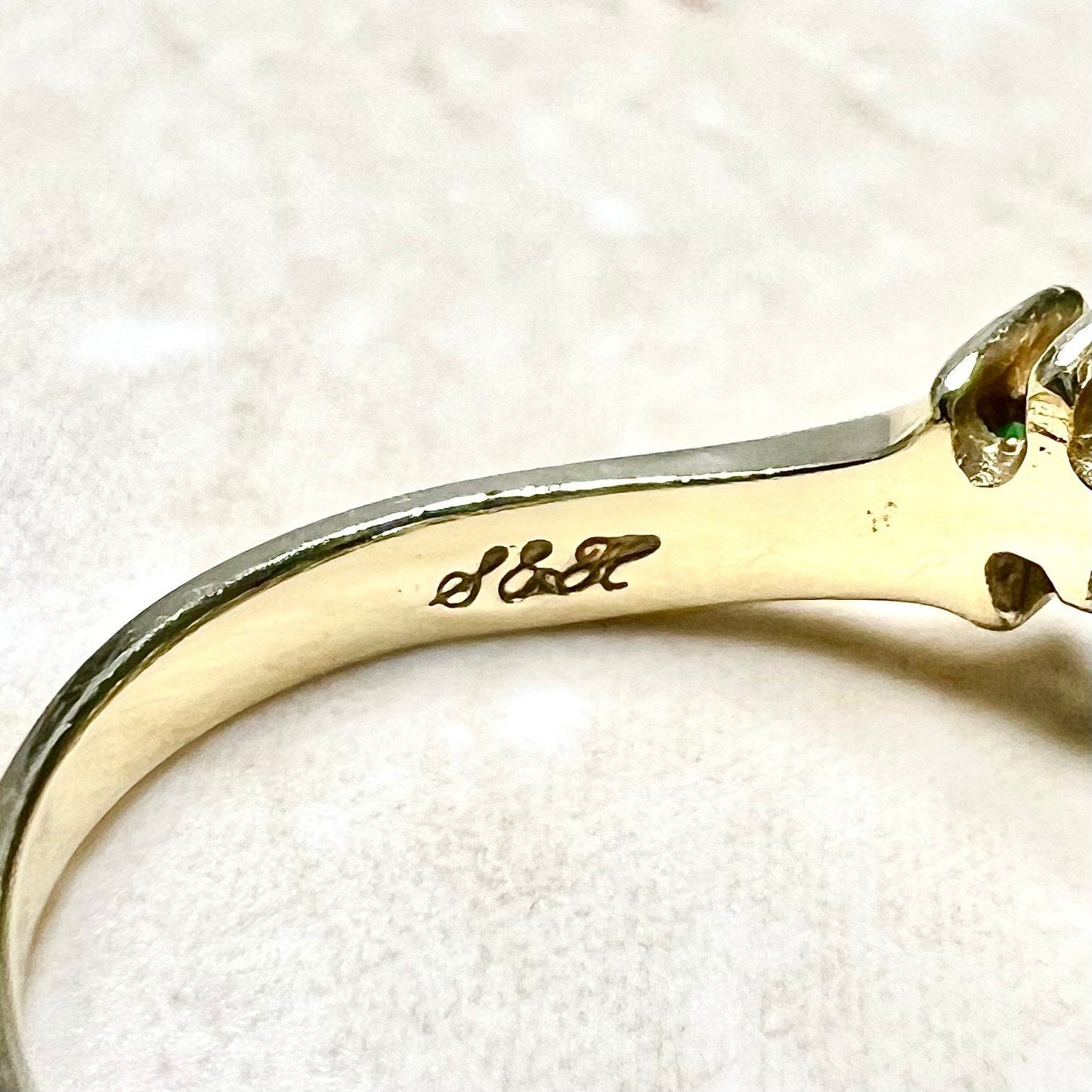 Vintage 14 Karat Yellow Gold Diamond & Natural Emerald Band Ring - WeilJewelry