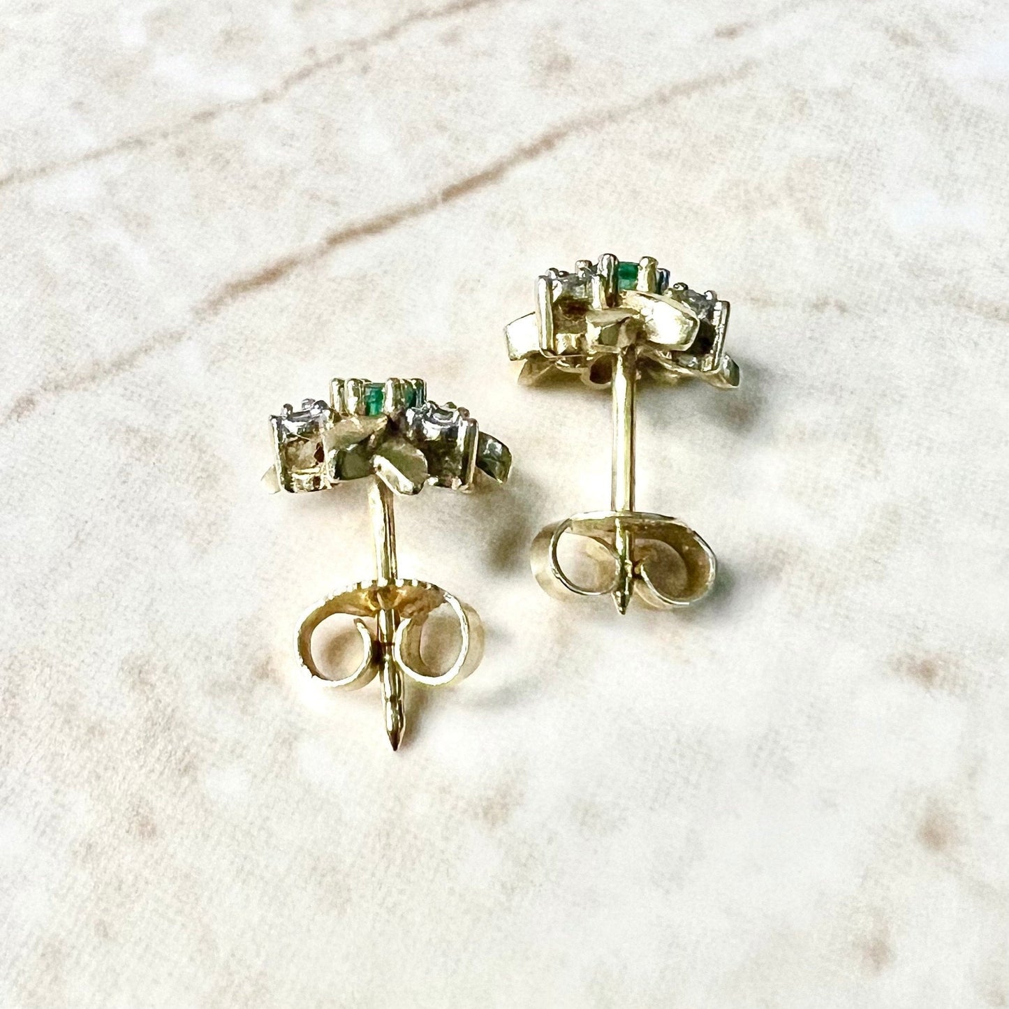 Vintage 14 Karat Yellow Gold Floral Diamond & Emerald Stud Earrings - WeilJewelry