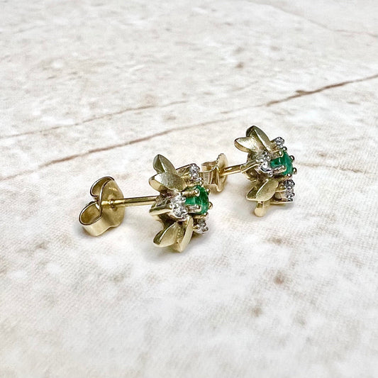 Vintage 14 Karat Yellow Gold Floral Diamond & Emerald Stud Earrings - WeilJewelry