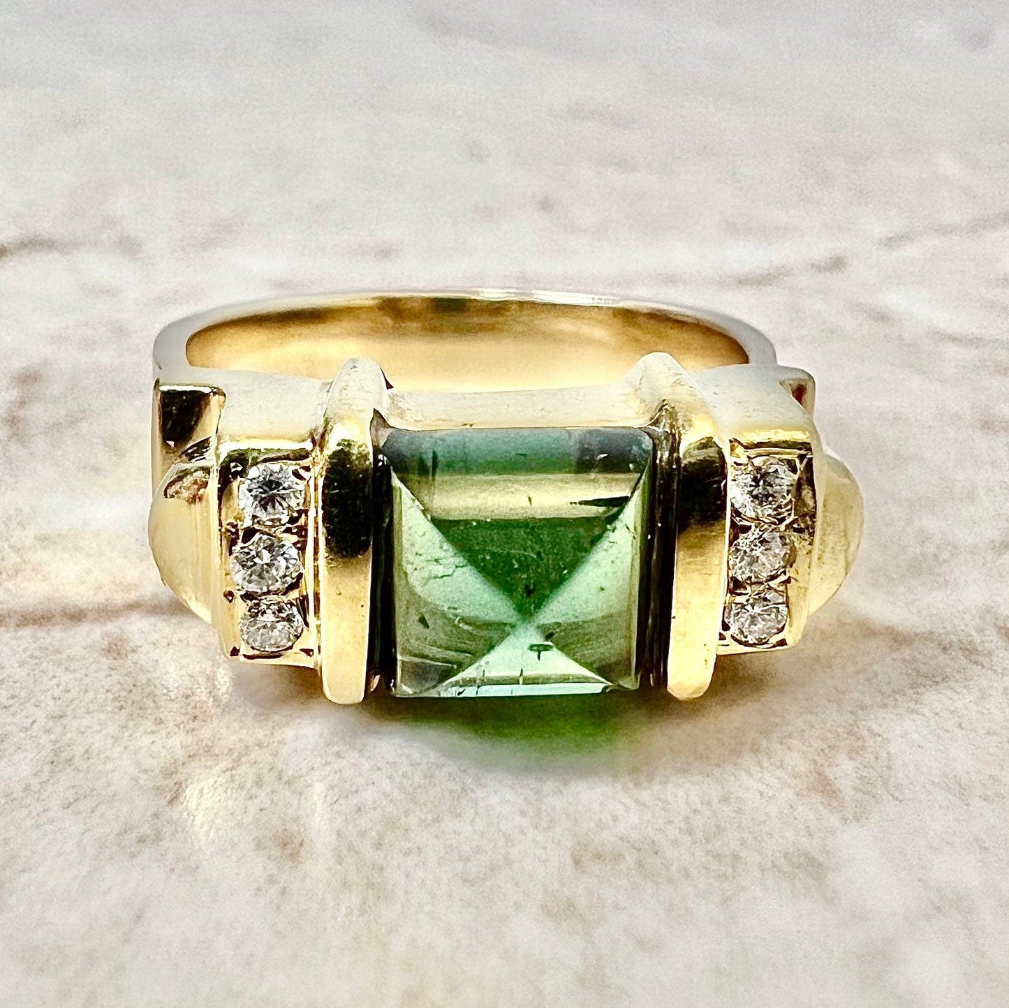 Vintage 14 Karat Yellow Gold Green Tourmaline & Diamond Cocktail Ring - WeilJewelry