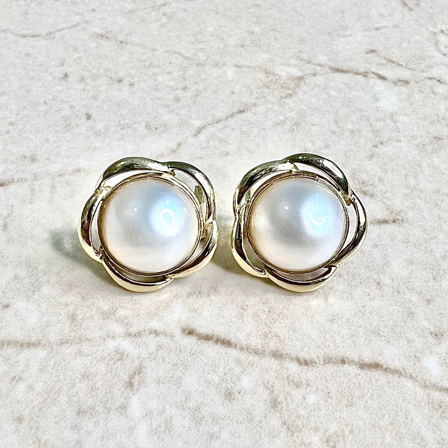 14K White Mabe Pearl Stud Earrings - 14K Yellow Gold Mabe Pearl Earrings - Round Pearl Studs - Genuine Gemstone - June Birthstone Earrings