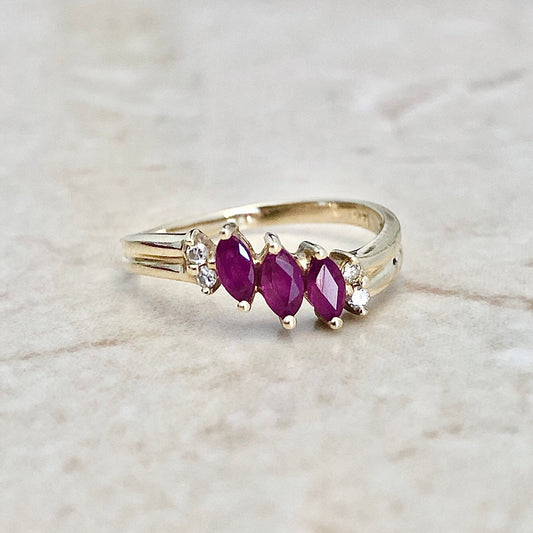 Vintage 14 Karat Yellow Gold Marquise Ruby & Diamond Three - Stone Ring - WeilJewelry