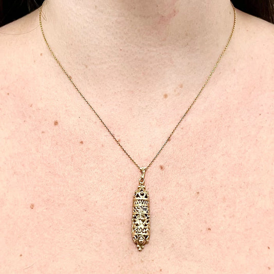 Vintage 14 Karat Yellow Gold Mezuzah Pendant With Scroll - WeilJewelry