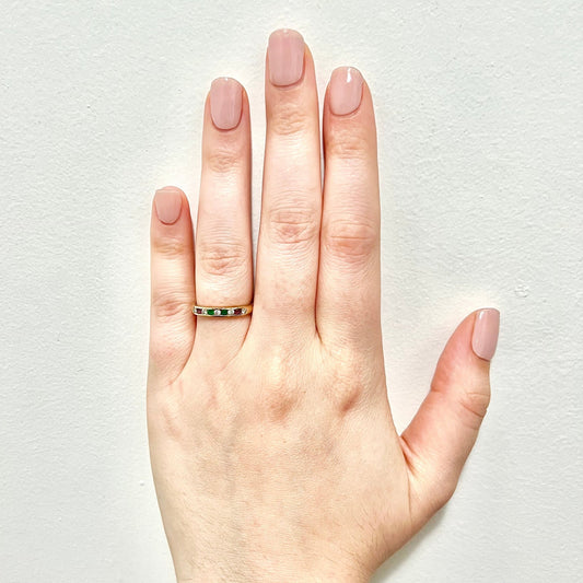 Vintage 14 Karat Yellow Gold Natural Diamond, Ruby & Emerald Band Ring - WeilJewelry