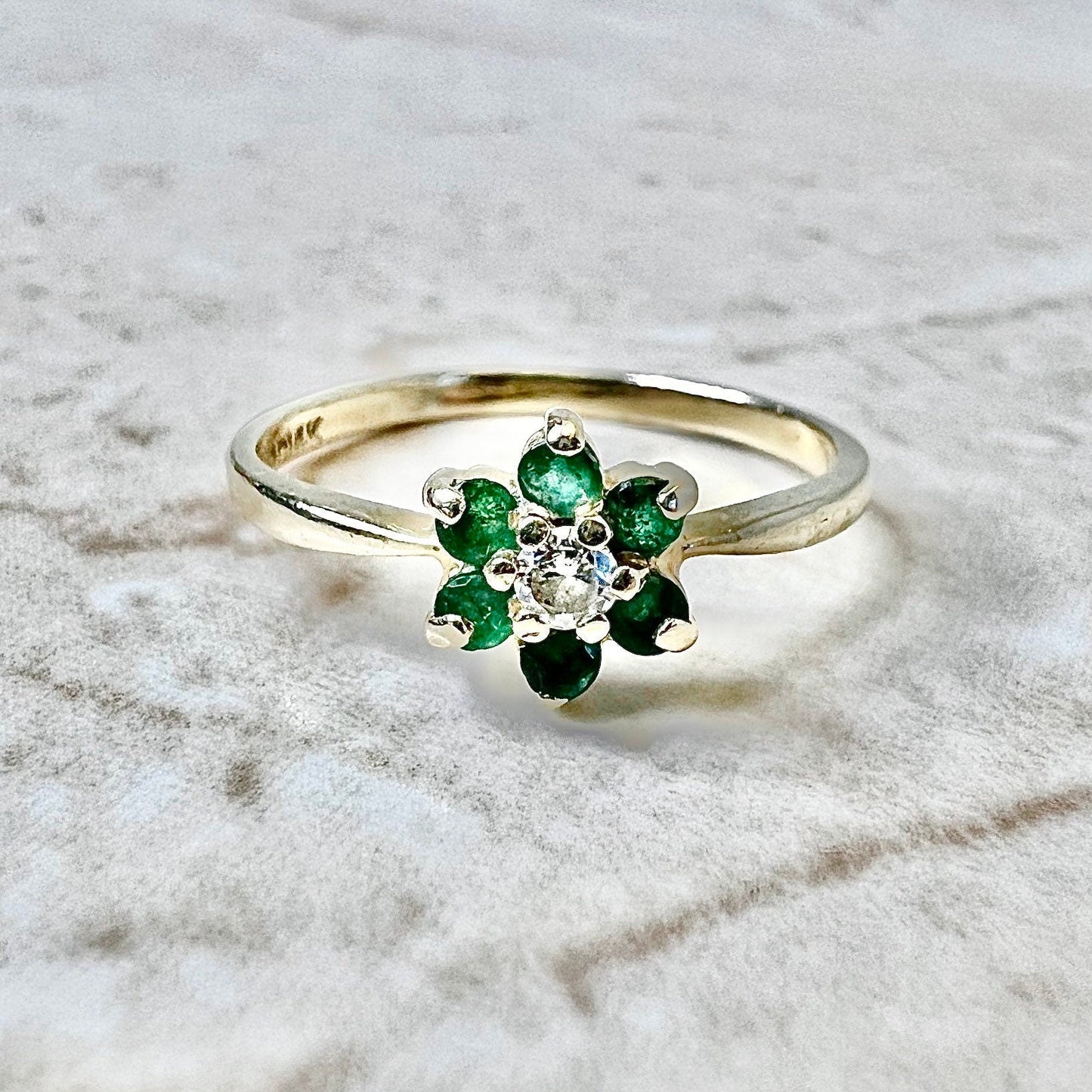 Vintage 14 Karat Yellow Gold Natural Emerald & Diamond Halo Ring - WeilJewelry