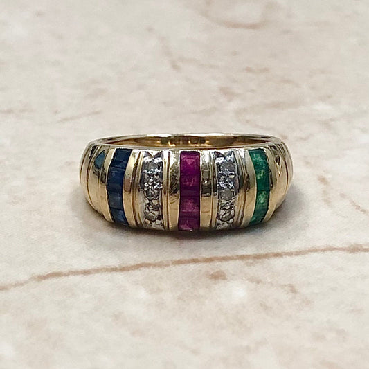 Vintage 14 Karat Yellow Gold Natural Emerald, Ruby, Sapphire & Diamond Ring - Cocktail Ring - Christmas Ring - Anniversary Ring - Size 6.75