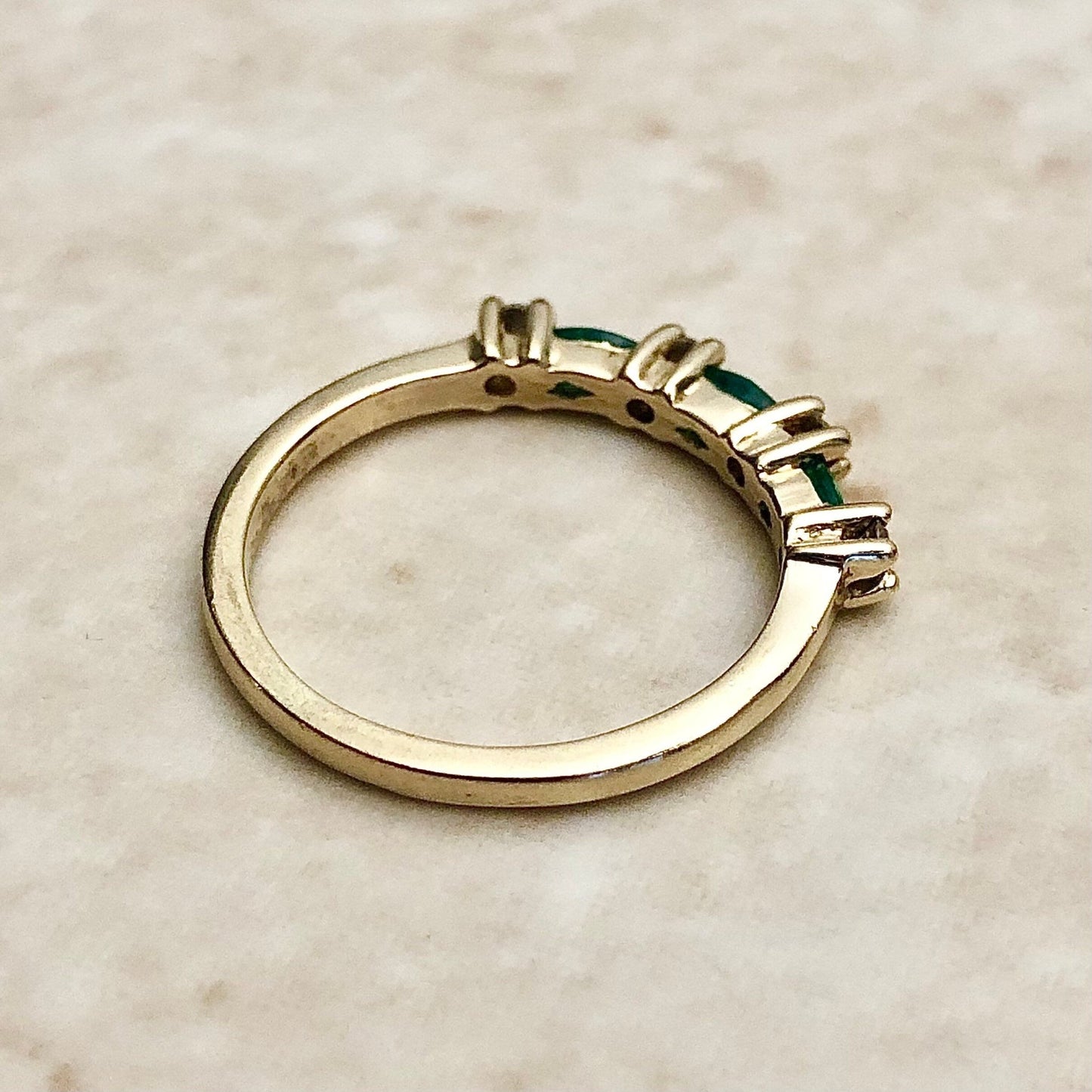 Vintage 14 Karat Yellow Gold Natural Marquise Emerald & Diamond Band Ring - WeilJewelry