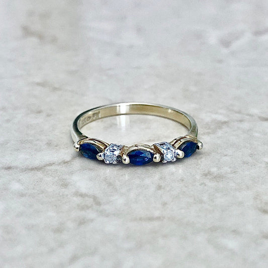 Vintage 14 Karat Yellow Gold Natural Marquise Sapphire & Diamond Band Ring - WeilJewelry