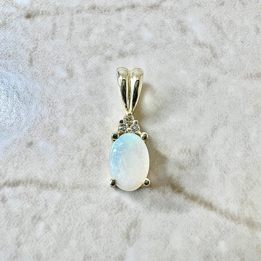 Vintage 14 Karat Yellow Gold Natural Opal & Diamond Solitaire Pendant - WeilJewelry