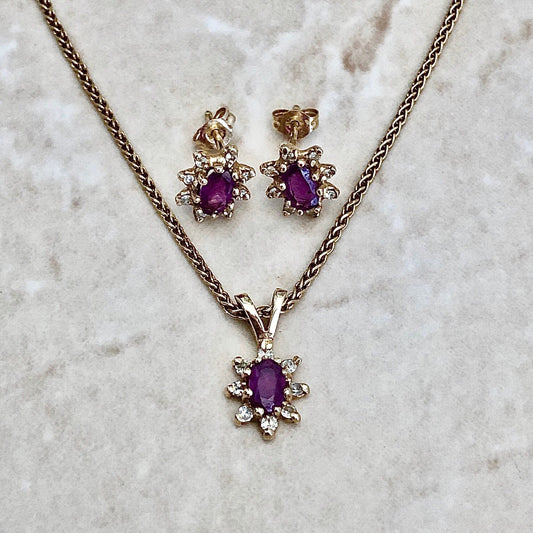 Vintage 14 Karat Yellow Gold Natural Ruby & Diamond Halo Pendant & Earrings Set - WeilJewelry