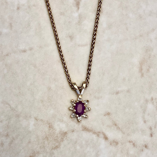 Vintage 14 Karat Yellow Gold Natural Ruby & Diamond Halo Pendant Necklace - WeilJewelry