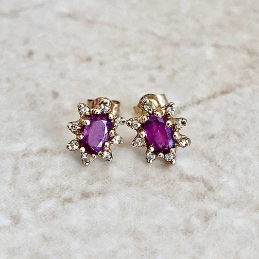 Vintage 14 Karat Yellow Gold Natural Ruby & Diamond Halo Stud Earrings - WeilJewelry
