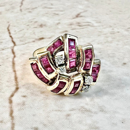 Vintage 14 Karat Yellow Gold Natural Ruby & Diamond Statement Ring - WeilJewelry