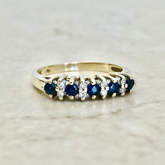 Vintage 14 Karat Yellow Gold Natural Sapphire & Diamond Band Ring - WeilJewelry