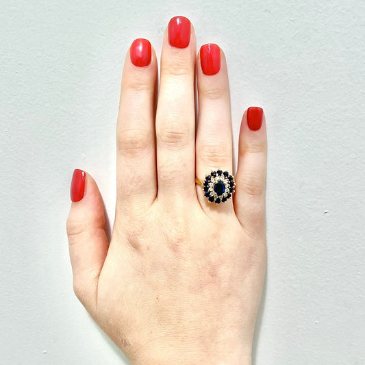 Vintage 14 Karat Yellow Gold Natural Sapphire & Diamond Double Halo Ring - WeilJewelry