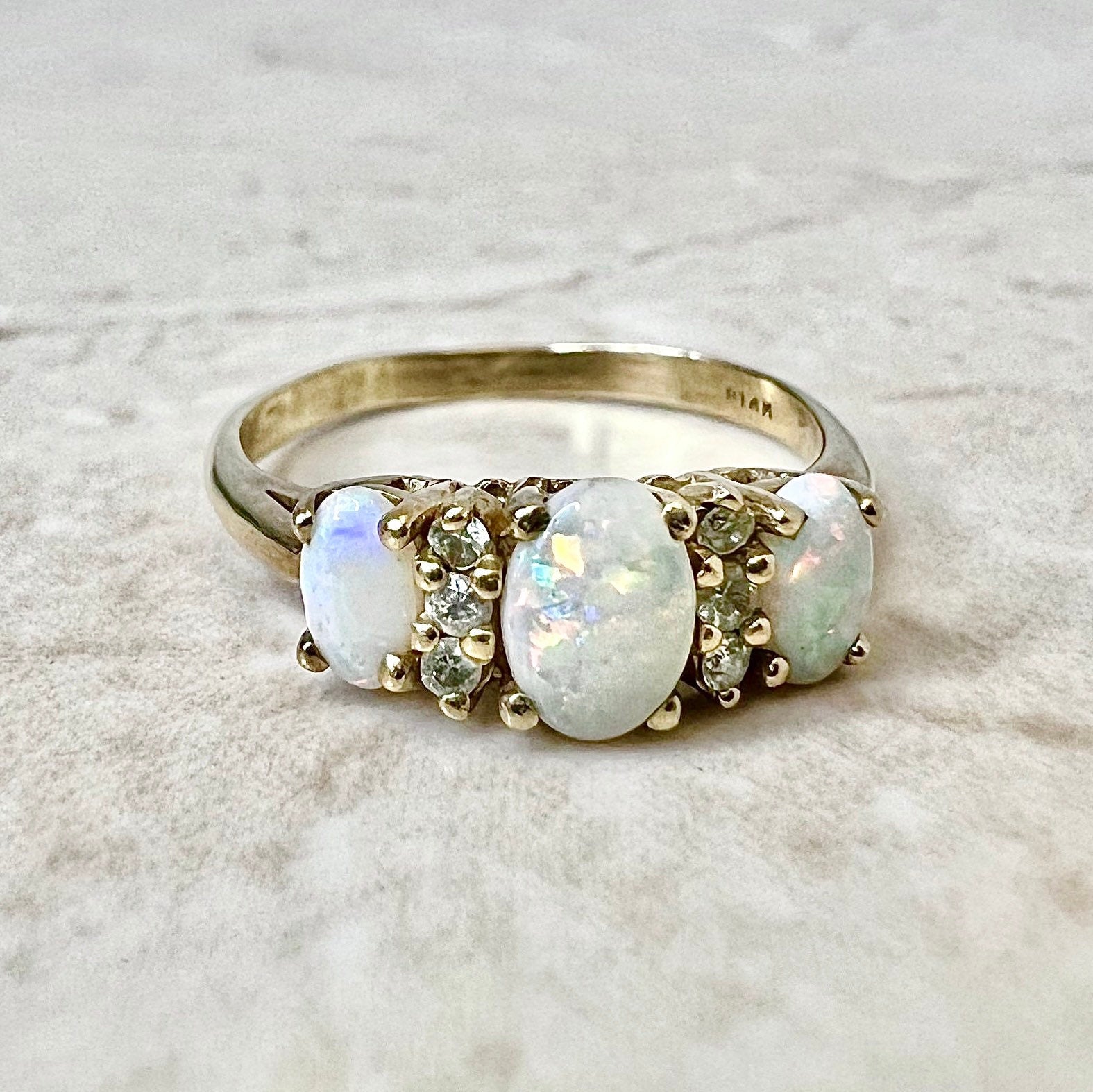 Vintage 14 Karat Yellow Gold Opal Diamond Three-Stone Ring