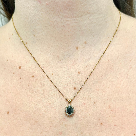 Vintage 14 Karat Yellow Gold Oval Blue Sapphire & Diamond Halo Pendant - WeilJewelry