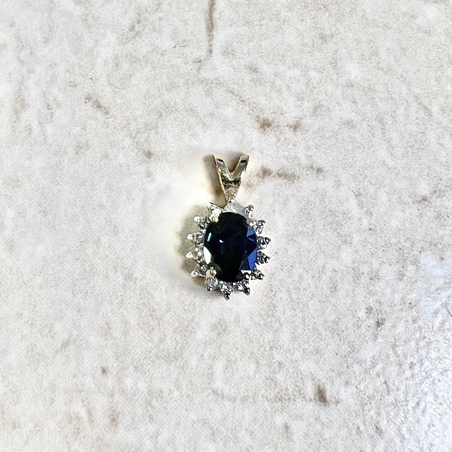 Vintage 14 Karat Yellow Gold Oval Blue Sapphire & Diamond Halo Pendant - WeilJewelry