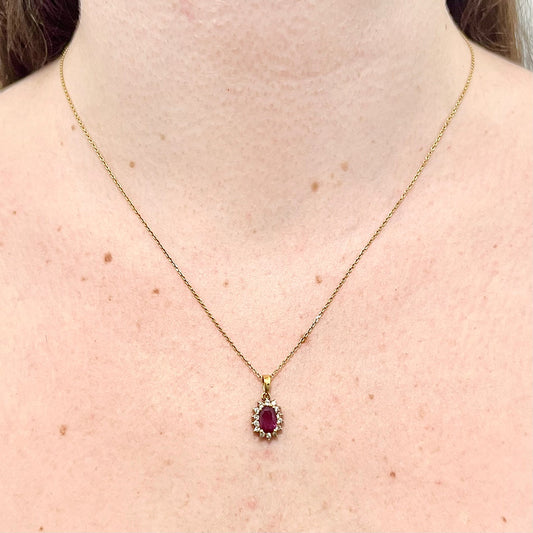 Vintage 14 Karat Yellow Gold Oval Ruby & Diamond Halo Pendant - WeilJewelry