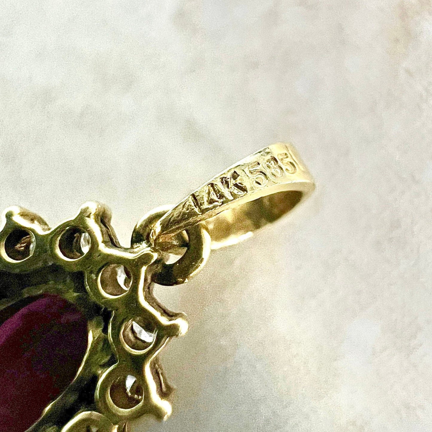 Vintage 14 Karat Yellow Gold Oval Ruby & Diamond Halo Pendant - WeilJewelry