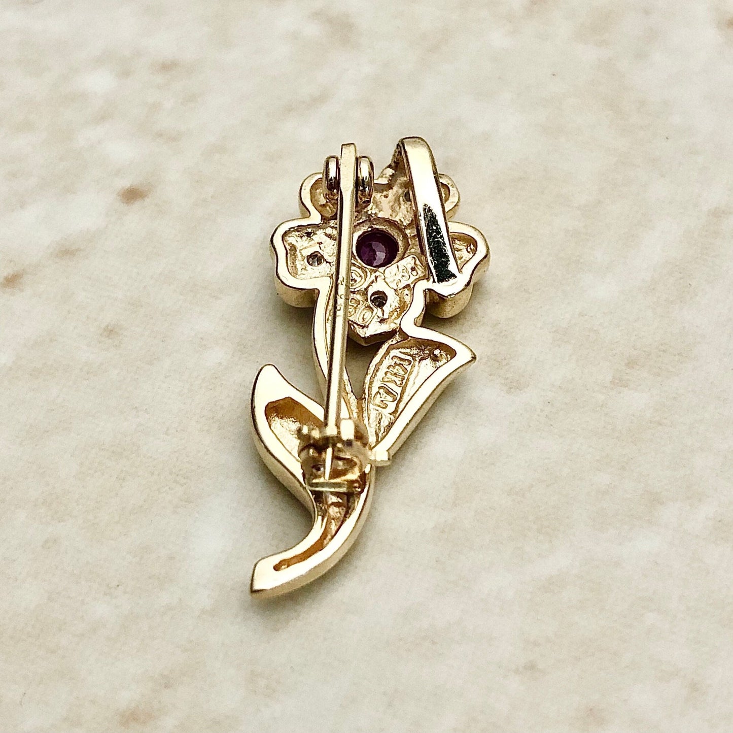 Vintage 14 Karat Yellow Gold Ruby & Diamond Flower Pendant/Brooch - WeilJewelry