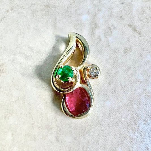Vintage 14 Karat Yellow Gold Ruby, Emerald & Diamond Pendant - WeilJewelry