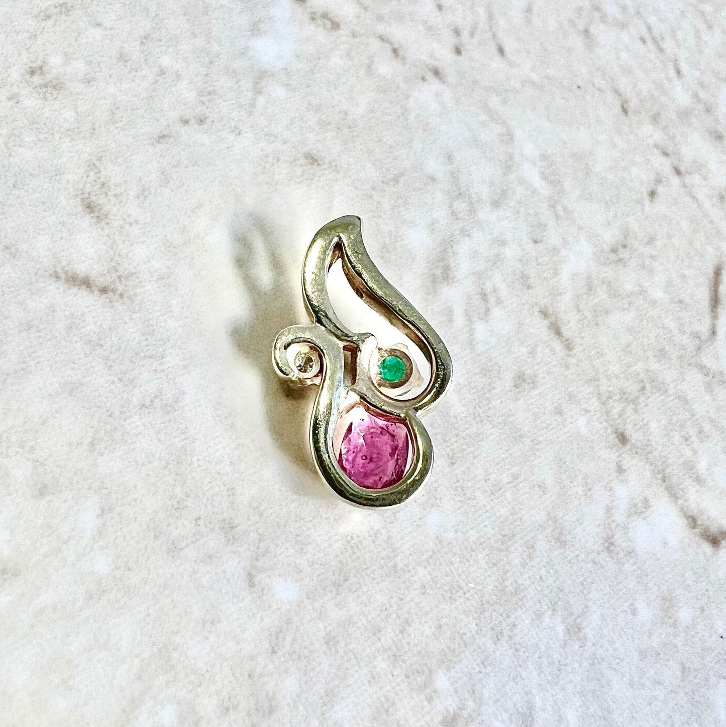 Vintage 14 Karat Yellow Gold Ruby, Emerald & Diamond Pendant - WeilJewelry