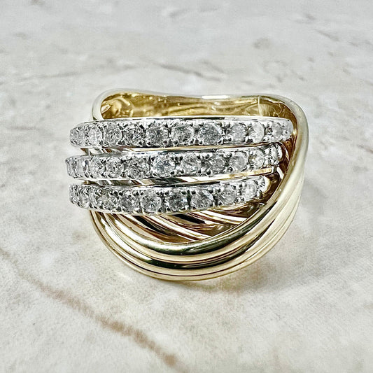 Vintage 14 Karat Yellow Gold Three - Row 1 Carat Diamond Crossover Ring - WeilJewelry