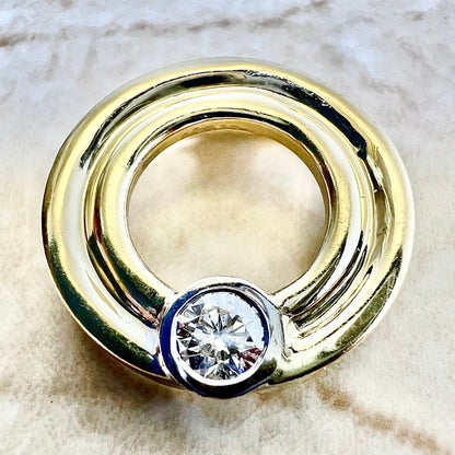 Vintage 14K Diamond Solitaire Pendant Necklace - Two Tone Gold Diamond Circle Pendant - Birthday Gift - Best Gift For Her - Diamond Pendant