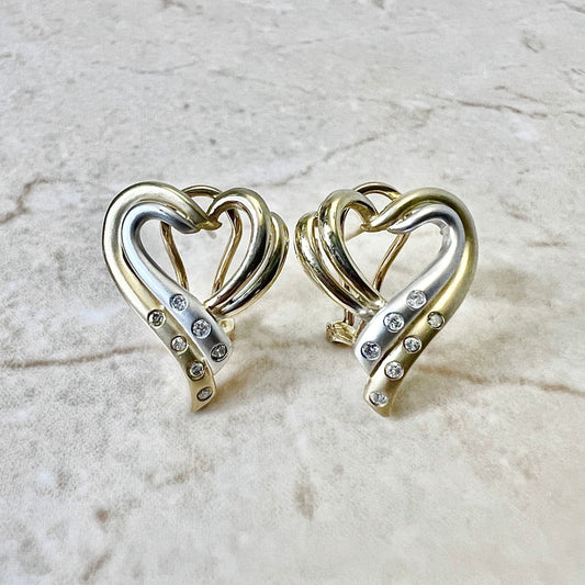 Vintage 14 Karat Yellow & White Gold Diamond Heart Earclips - WeilJewelry