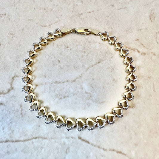 Vintage 14 Karat Yellow & White Gold Diamond Heart Tennis Bracelet - WeilJewelry