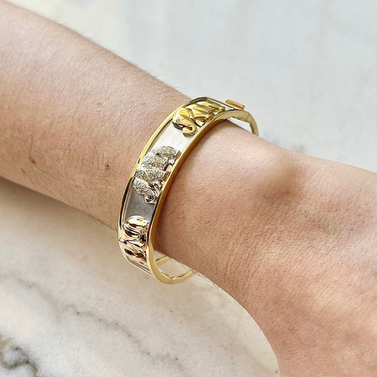Vintage 18 Karat Tri - Tone Gold Diamond Elephant Bangle Bracelet - WeilJewelry