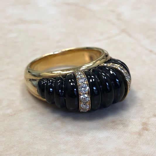 Vintage 18 Karat Yellow Gold Carved Black Onyx & Diamond Ring Signed Carvin French Jewelers - WeilJewelry