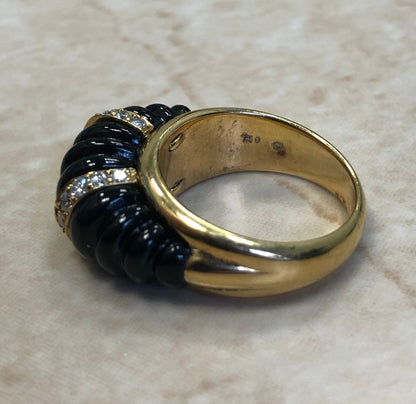 Vintage 18K Black Onyx & Diamond Ring - Cocktail Ring - Yellow Gold - Signed Carvin French Jewelers