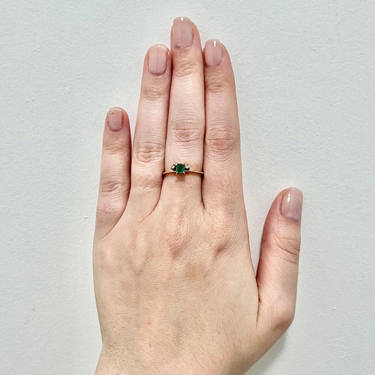 Vintage 18 Karat Yellow Gold Natural Emerald & Diamond Three - Stone Ring - WeilJewelry