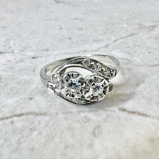 Vintage 1940’s 14 Karat White Gold Diamond Toi & Moi Ring - WeilJewelry