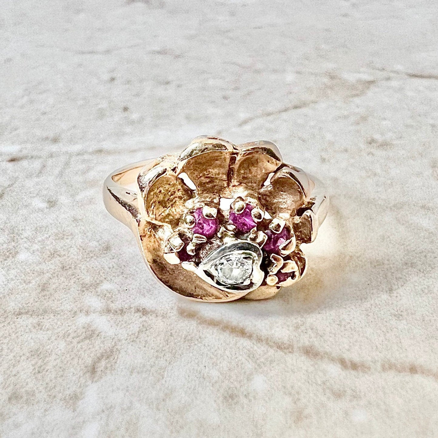 Vintage 1940’s Retro 14 Karat Rose Gold Diamond & Ruby Heart Seashell Ring - WeilJewelry
