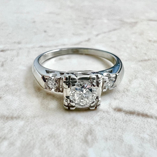 14K 1940s Vintage Retro Diamond Engagement Ring - 14K White Gold Diamond Solitaire Ring - Diamond Promise Ring - Diamond Wedding Ring