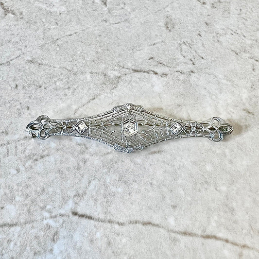 CLEARANCE 40% OFF - Vintage Art Deco 14 Karat White Gold & Platinum Filigree Diamond Brooch - WeilJewelry