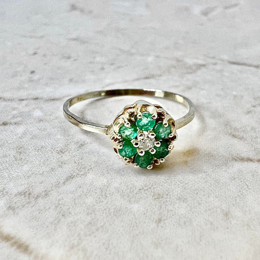 Vintage Art Deco 14 Karat Yellow Gold Natural Emerald & Diamond Halo Ring - WeilJewelry