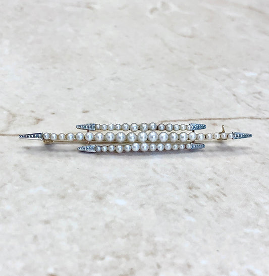 CLEARANCE 40% OFF - Vintage Art Deco 14 Karat Yellow Gold & Platinum Seed Pearl Brooch - WeilJewelry