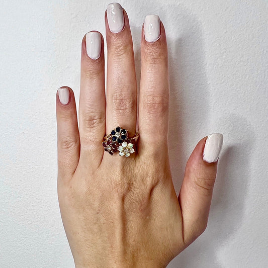 Vintage Floral Ruby, Sapphire, Opal & Diamond Cocktail Ring in 14 Karat Yellow Gold - WeilJewelry