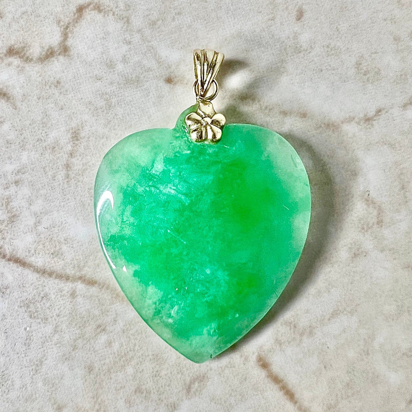 Vintage Green Jadeite Jade & 14 Karat Yellow Gold Heart Pendant - WeilJewelry