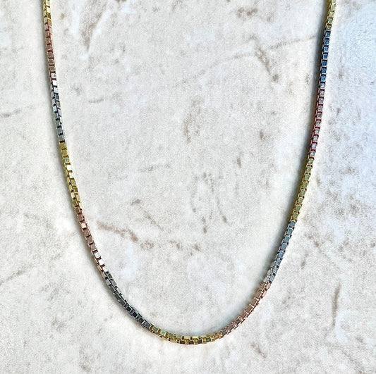 Vintage Italian 14 Karat Tri - Tone Gold 18 Inches Box Chain Necklace - WeilJewelry