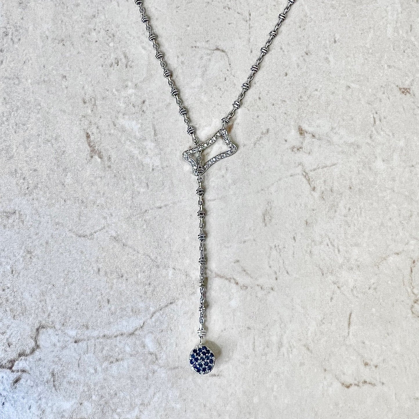 Vintage Italian 14 Karat White Gold Sapphire & Diamond Lariat Necklace - WeilJewelry