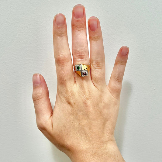 Vintage Italian 18 Karat Yellow Gold And Platinum Emerald, Ruby & Diamond Toi Et Moi Ring - WeilJewelry